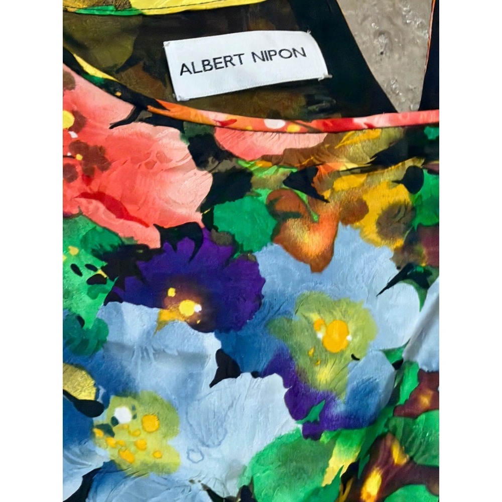 Albert‎ Nipon Vintage 100% Silk Floral Pleated Dress Multicolor Short Sleeve 14 - Picture 2 of 6